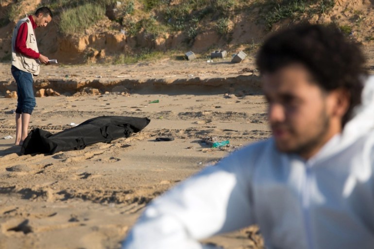 Drowned refugees at coast of Libya