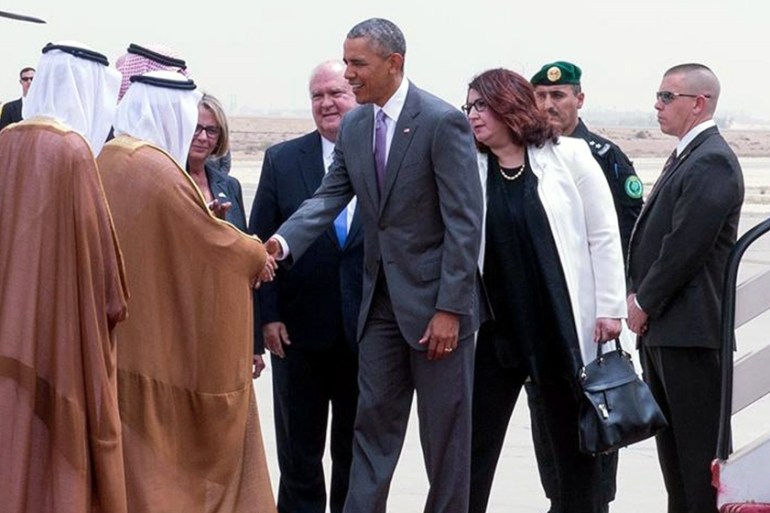 US President Barack Obama being received by Prince Faisal bin Bandar bin Abdelaziz al-Saud, Governor of Riyadh, upon arrival at King Khalid International Airport, Riyadh, Saudi Arabia [EPA]