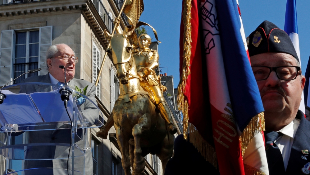 France's National Front party founder Jean-Marie Le Pen delivers a speech as part of a May Day tribute to Joan of Arc [Reuters]