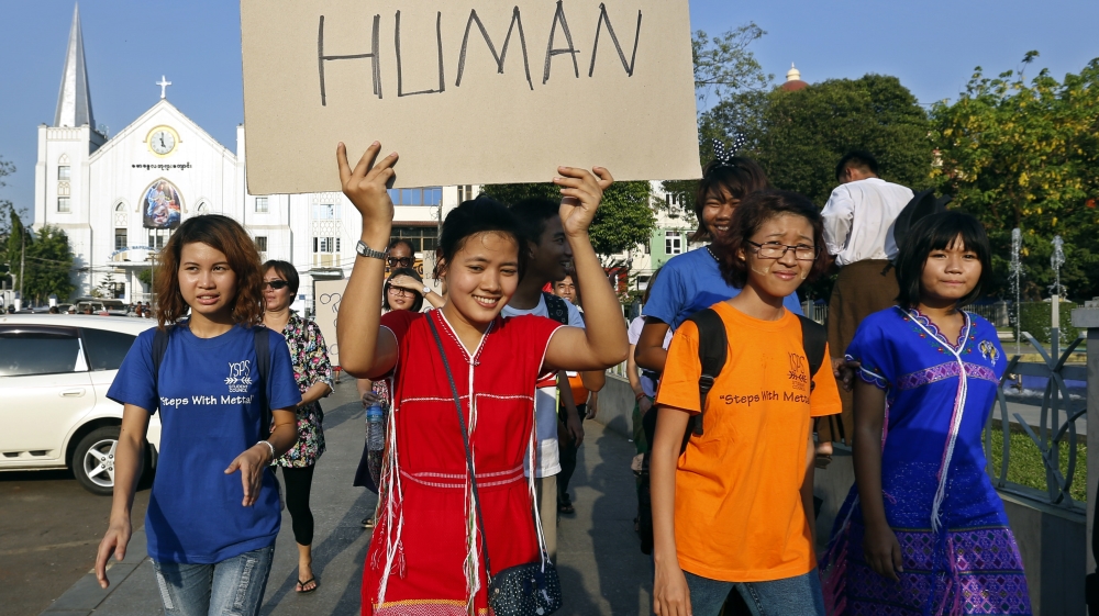 The protest included students and activists and was a rare gesture of solidarity in Myanmar [Nyein Chan Naing/EPA]