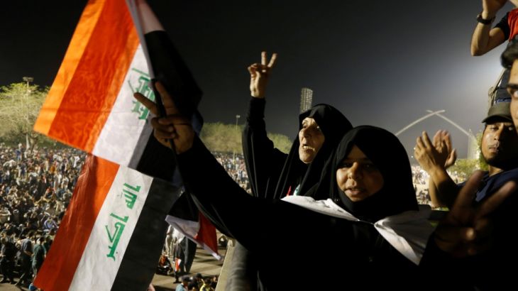 Followers of Iraq''s Shi''ite cleric Moqtada al-Sadr shout slogans during a sit-in at Grand Festivities Square
