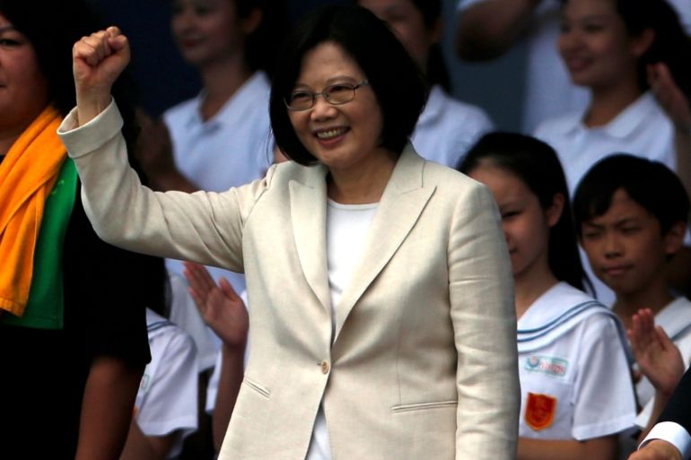 Taiwan’s President Tsai Ing-wen reacts after her address during an inauguration ceremony in Taipei