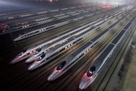 China Railway High-speed Harmony bullet trains are seen at a high-speed train maintenance base in Wuhan