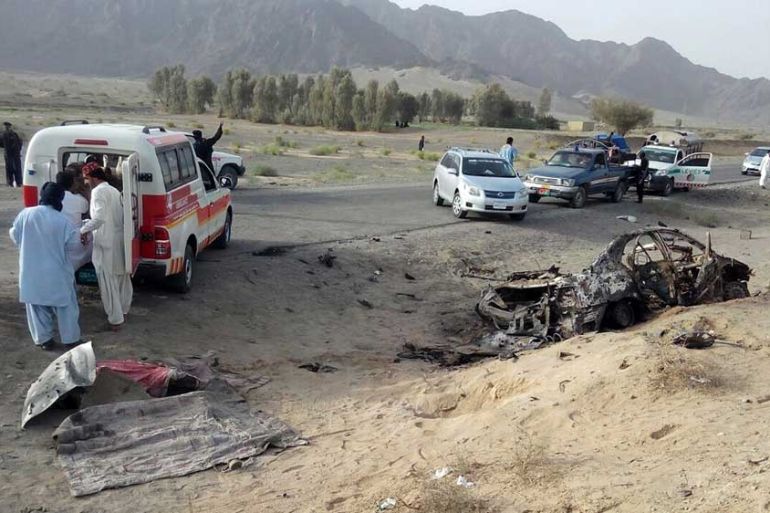 Wreckage of the destroyed vehicle of Taliban leader Mansoor