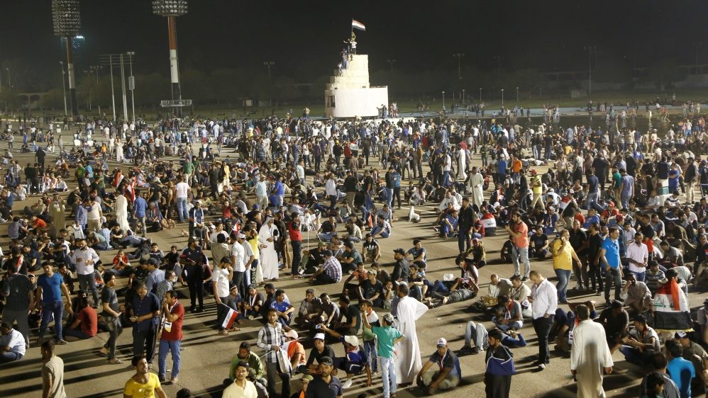 Sadr's followers hold a sit-in at Grand Festivities Square in Baghdad [Wissm al-Okili/Reuters]