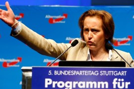 Beatrix von Storch gestures as she speaks at the party congress of the anti-immigration party Alternative for Germany (AfD) on the second day in Stuttgart