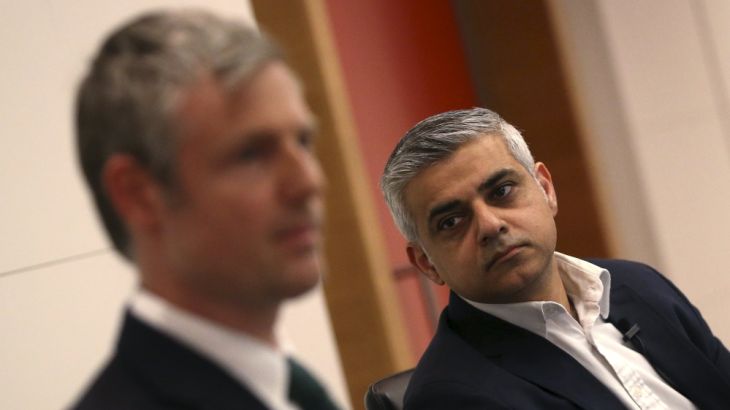 Britain''s Labour Party candidate for Mayor of London Sadiq Khan looks at Conservative party candidate Zak Goldsmith during a hustings event in London