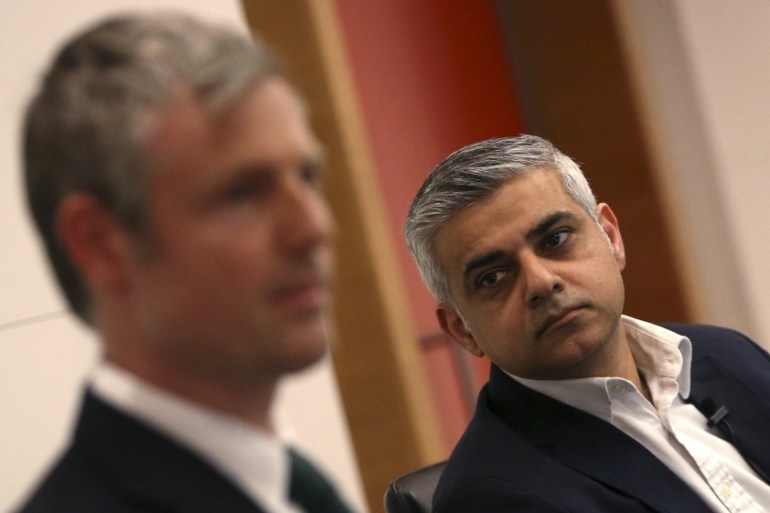 Britain''s Labour Party candidate for Mayor of London Sadiq Khan looks at Conservative party candidate Zak Goldsmith during a hustings event in London