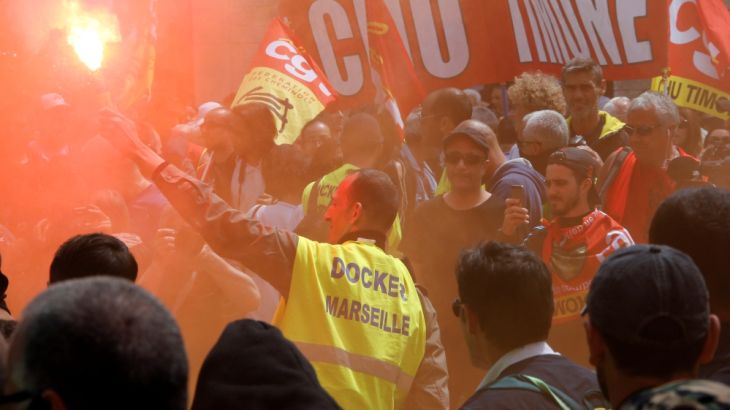 French labour union workers and students attend a demonstration against the French labour law proposal in Marseille