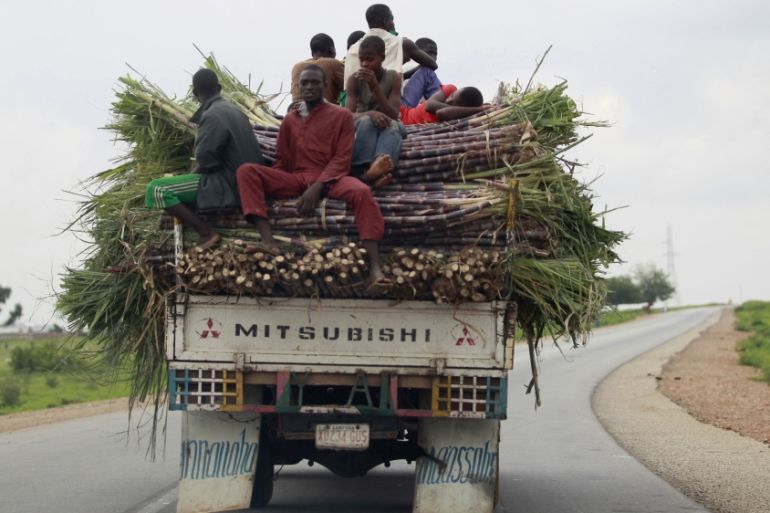 Farm labourers sit on top of sugar cane loaded at the back of a truck along Anka-Sokoto road in northeastern state of Zamfara