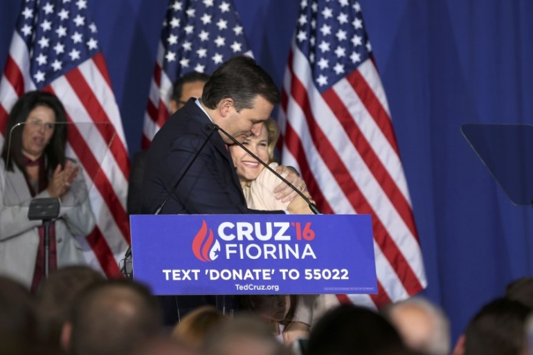 Republican U.S. presidential candidate Senator Ted Cruz hugs his wife Heidi after dropping out of the race during his Indiana primary night rally in Indianapolis
