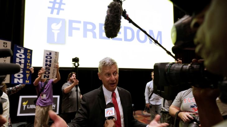 Libertarian Party presidential candidate Gary Johnson talks to the media after receiving the nomination during the National Convention held at the Rosen Center in Orlando, Florida