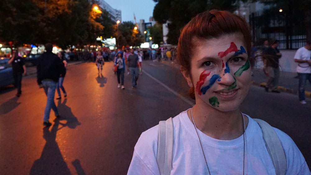 Simona Spirovska, 30, actress, has been protesting since the start of the protests in April [Patrick Strickland/Al Jazeera]