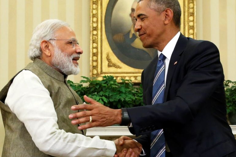 Obama shakes hands with India''s PM Modi after their remarks to reporters following a meeting in the Oval Office at the White House in Washington