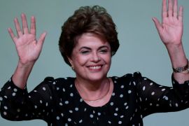 Suspended Brazilian President Dilma Rousseff gestures during the launching ceremony of the book "Resistance to the 2016 Coup," written by professors from the University of Brasilia, in Brasilia