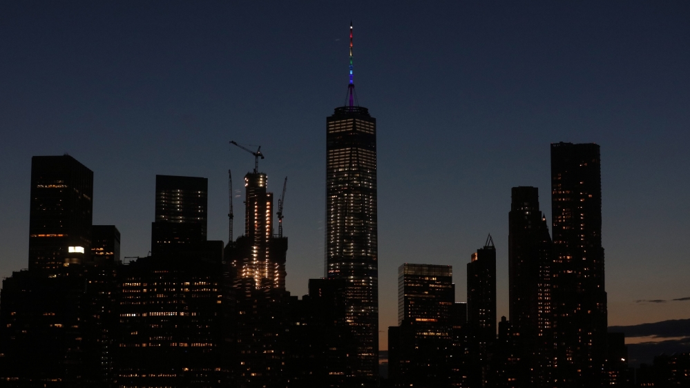 One World Trade Center's spire was lit up with the colours of the gay pride flag [EPA]
