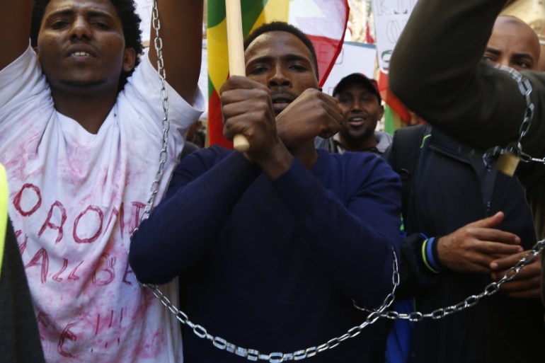 Ethiopian migrants, all members of the Oromo community of Ethiopia living in Malta, protest against the Ethiopian regime in Valletta