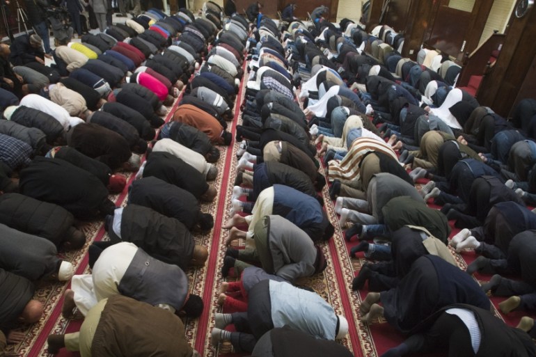 Friday prayer service at Dar Al-Hijrah Mosque in Falls Church, Virginia
