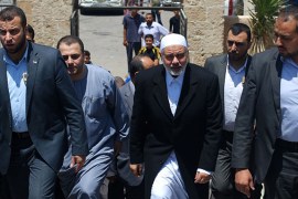 Hamas'' chief, Ismail Haniya arrives at a mosque after giving a speech during the Friday prayer [AFP]