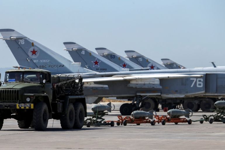 Russian military jets are seen at Hmeymim air base in Syria