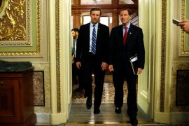 Murphy and Blumenthal depart the Senate floor directly after ending a 14-hour filibuster in the hopes of pressuring the U.S. Senate to action on gun control measures, at the U.S. Capitol in Washington