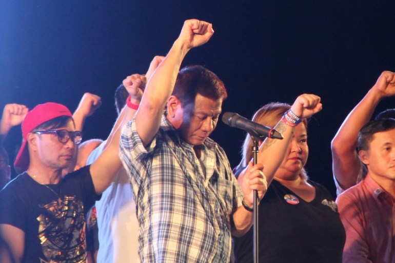 President-elect Rodrigo Duterte during a victory party at a park in Davao City.