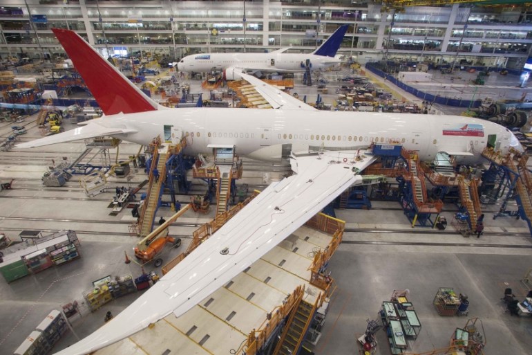 Workers at South Carolina Boeing work on a 787 Dreamliner