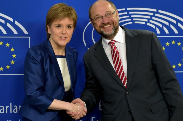 Scotland''s First Minister Sturgeon is welcomed by EP President Schulz ahead of a meeting at the EP in Brussels