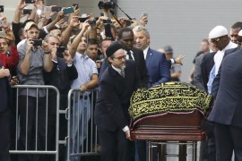 The coffin of late boxing champion Muhammad Ali arrives for a jenazah, an Islamic funeral prayer, in Louisville