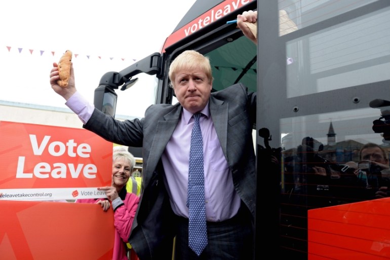 Former Mayor of London Boris Johnson poses as he launches the Vote Leave Bus Tour in St Austell, Cornwall, Britain [EPA]
