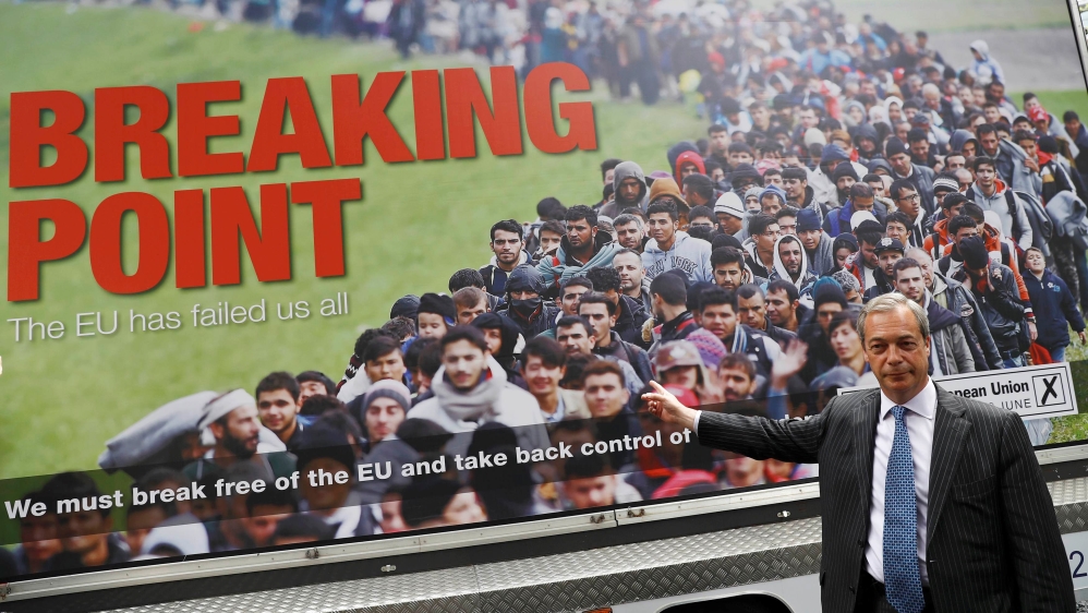 Leader of the United Kingdom Independence Party Farage poses during a media launch for an EU referendum poster in London