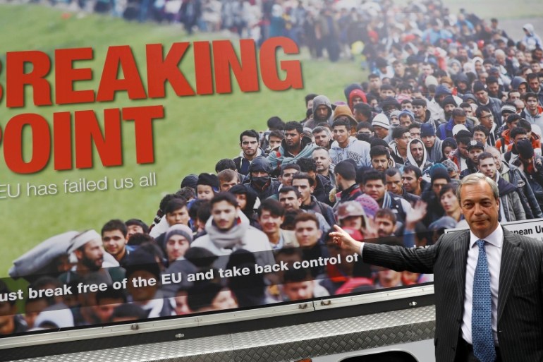 Leader of the United Kingdom Independence Party Farage poses during a media launch for an EU referendum poster in London