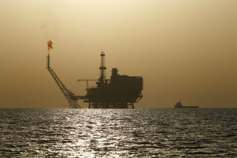 An offshore oil platform is seen at the Bouri Oil Field off the coast of Libya