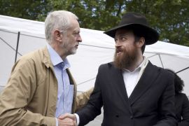 Jeremy Corbyn shakes hands with Rabbi Mendy Korer at an anti-racism rally in London, Britain [REUTERS]