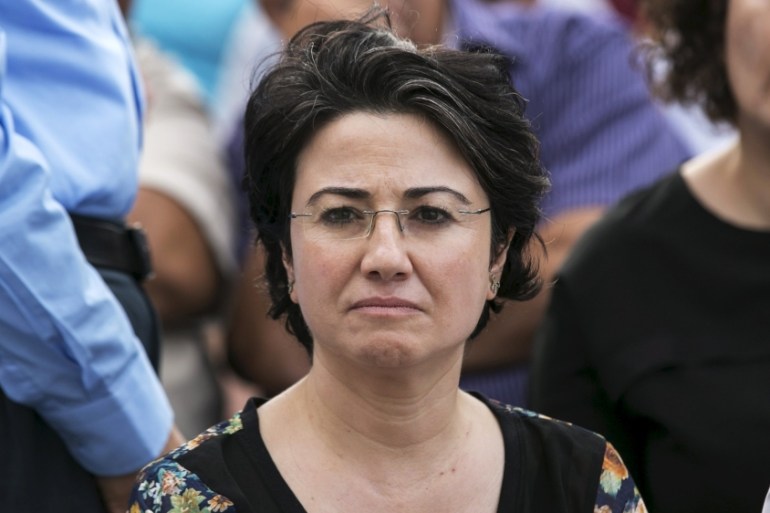Hanin Zoabi, a legislator from the Joint Arab List, participates in a pro-Palestinian demonstration in the northern Israeli town of Sakhnin