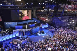 Democratic Presidential candidate Hillary Clinton speaks to the convention via satellite link at the Democratic National Convention in Philadelphia, Pennsylvania