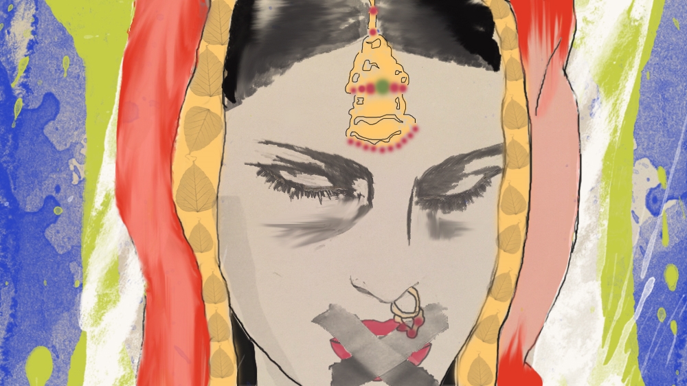 'A good wife cooks food, doesn't confront the husband and his family, never speaks up ... and allows him to have sex with her whenever he likes,' says Nayreen Daruwalla, a Mumbai-based counsellor and social worker, explaining the logic behind why marital rape is still not considered a crime in India [Illustration by Jawahir Hassan Al-Naimi/Al Jazeera]