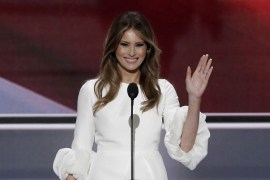 Melania Trump, wife of Republican U.S. presidential candidate Donald Trump, waves as she arrives to speak at the Republican National Convention in Cleveland