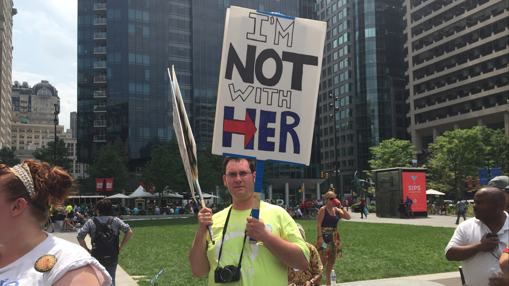 Bernie Sanders supporters gathered outside the convention hall in Philadelphia [Dalia Hatuqa/Al Jazeera]