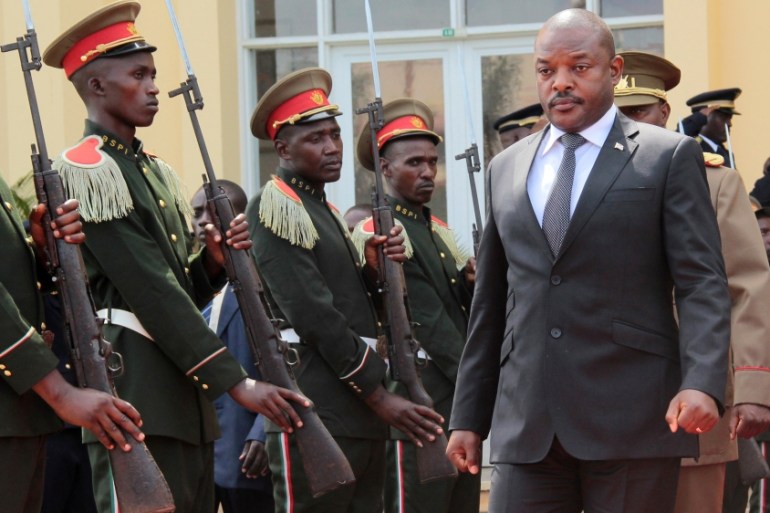 Burundi''s President Pierre Nkurunziza walks during a ceremony in tribute to the former late President Colonel Jean-Baptiste Bagaza at the national congress palace in Bujumbura, Burundi