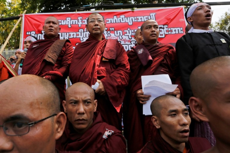 A group of Buddhist monks protest against the United States for its use of the term Rohingya to describe Myanmar''s stateless Muslim community outside the U.S. embassy in Yangon
