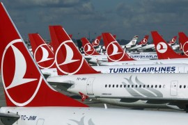 Turkish Airlines aircrafts are parked at the Ataturk International airport in Istanbul
