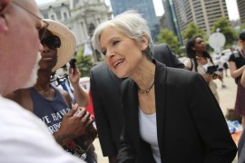 Green Party presidential candidate Jill Stein speaks to supporters during a rally outside the Wells Fargo Center on the second day of the Democratic National Convention in Philadelphia