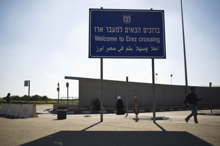 A sign is seen at the Erez border crossing between Israel and northern Gaza Strip