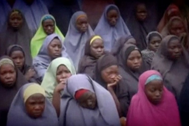 A still image from a video posted by Nigerian Islamist militant group Boko Haram on social media shows dozens of girls the group said are school girls kidnapped in the town of Chibok in 2014
