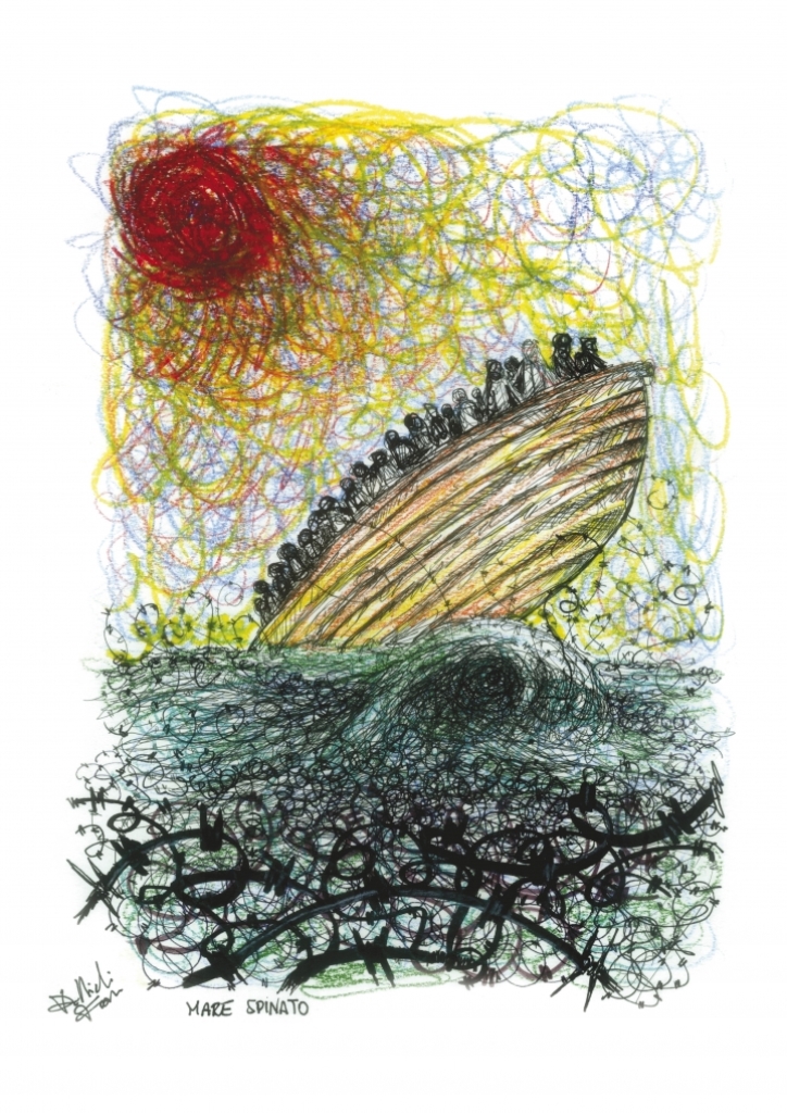 Lampedusa - Sea with barbed-wire [Drawing by Francesco Piobbichi] 