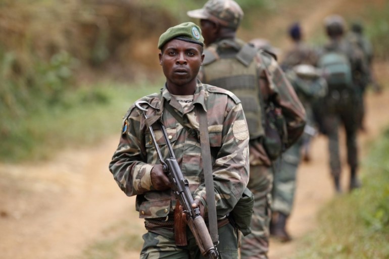 Democratic Republic of Congo military personnel patrol against the Allied Democratic Forces and the National Army for the Liberation near Beni