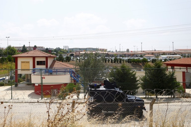 A police armoured vehicle patrols outside the Silivri prison complex near Istanbul
