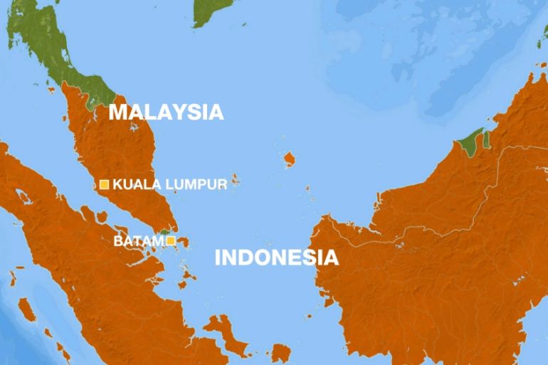 Map of Malaysia and Indonesia marking Kuala Lumpur and Batam