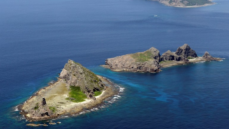 A group of disputed islands, Uotsuri island , Minamikojima and Kitakojima, known as Senkaku in Japan and Diaoyu in China is seen in the East China Sea